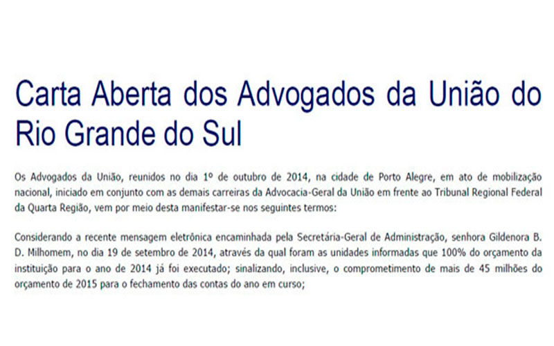 Carta Aberta dos Advogados da União do Rio Grande do Sul